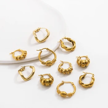 Vintage Gold Plated Stainless Steel Twist Circle Earrings for Women Creative Geometric Chain Textured Hoop Earrings Punk Jewelry