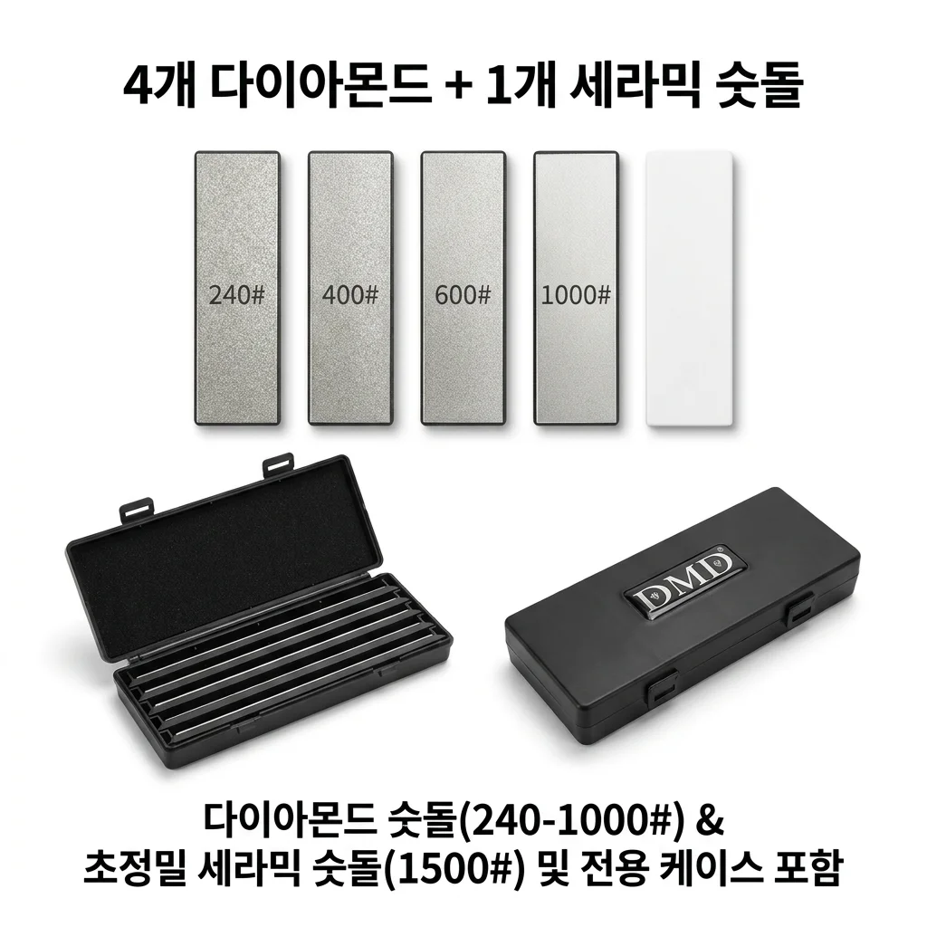 DMD-2268 프로페셔널 고정각 칼갈이 시스템 숫돌 5개 세트 다이아몬드 세라믹 숫돌 가죽 스트롭 탑재 360도 볼조인트 탑재 EVA 보관 가방 칼갈이 기계 캠핑칼