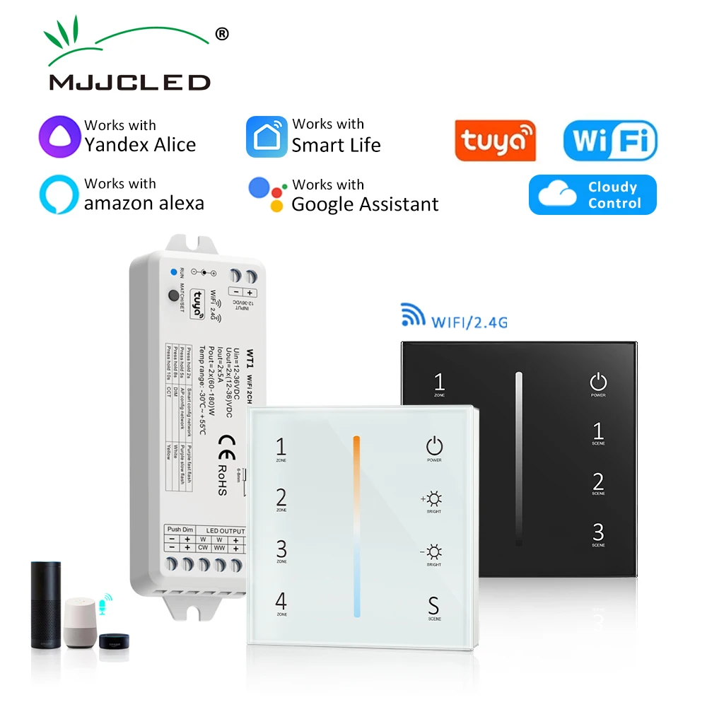 tuya led controller 5 in 1 dimmer cct rgb rgbw rgbww rgbcct strip smart life wifi rf wireless remote controller 12v 24v v5 l wt WT1 Tuya LED Controller 12V 24V 4Zone Wall Touch Panel Dimmer Wireless Smart Wifi RF Remote for Single Color CCT LED Strip Light