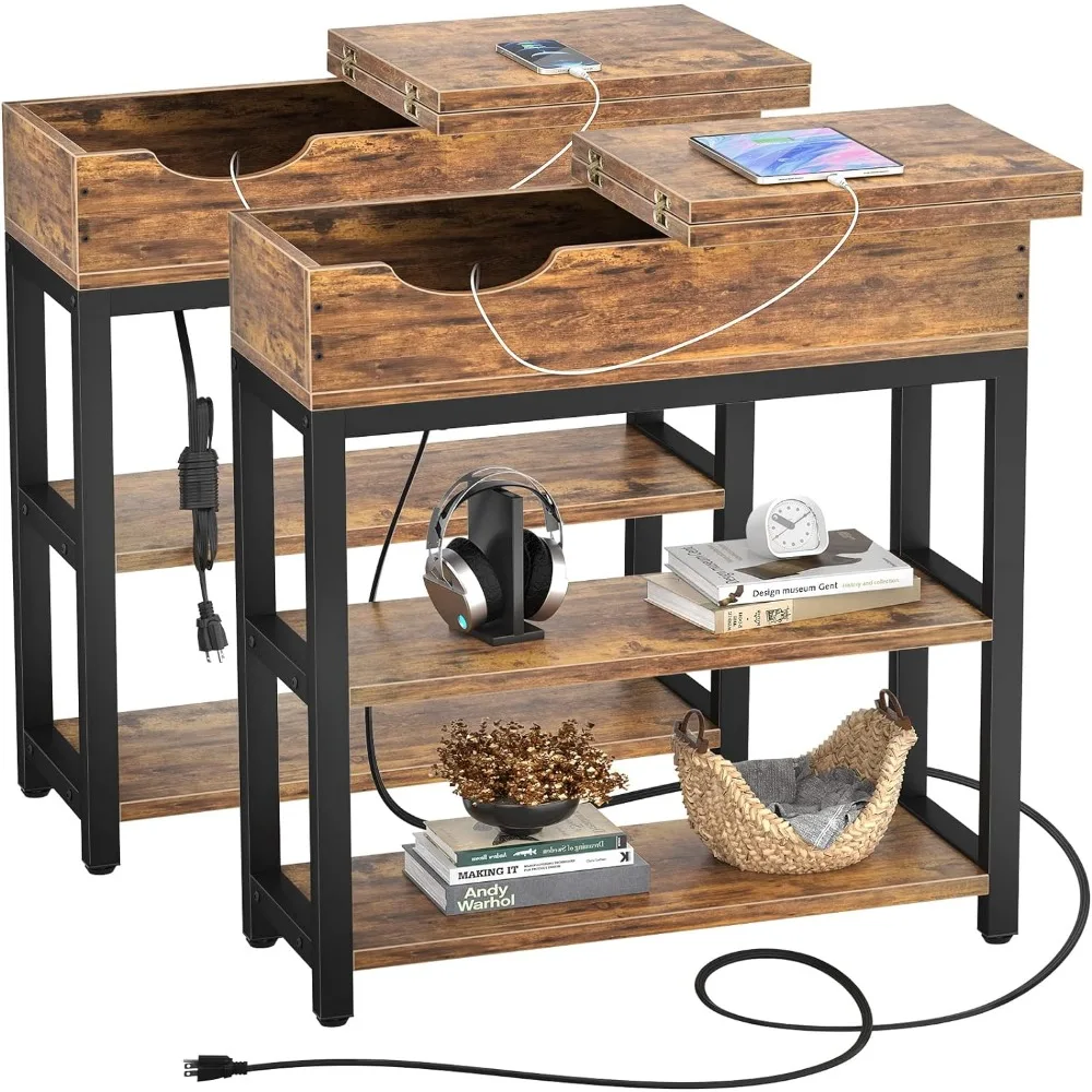 

Прикроватная тумбочка с полками для хранения для маленького углового столика для гостиной, дивана, боковой столик с USB-портами и розетками