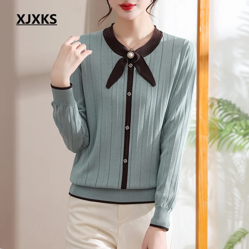 

XJXKS 2023 Spring And Autumn New Fashion Butterfly Collar Women's Jumper Comfortable Wool Knitted Pullover Ladies' Tops