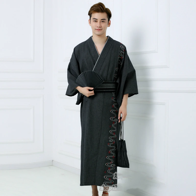 

Yukata Men High Quality Japan Style Traditional Pajamas Homme Samurai Kimono Asian Clothes Homewear Robe Obi Long Kimonos Yukata