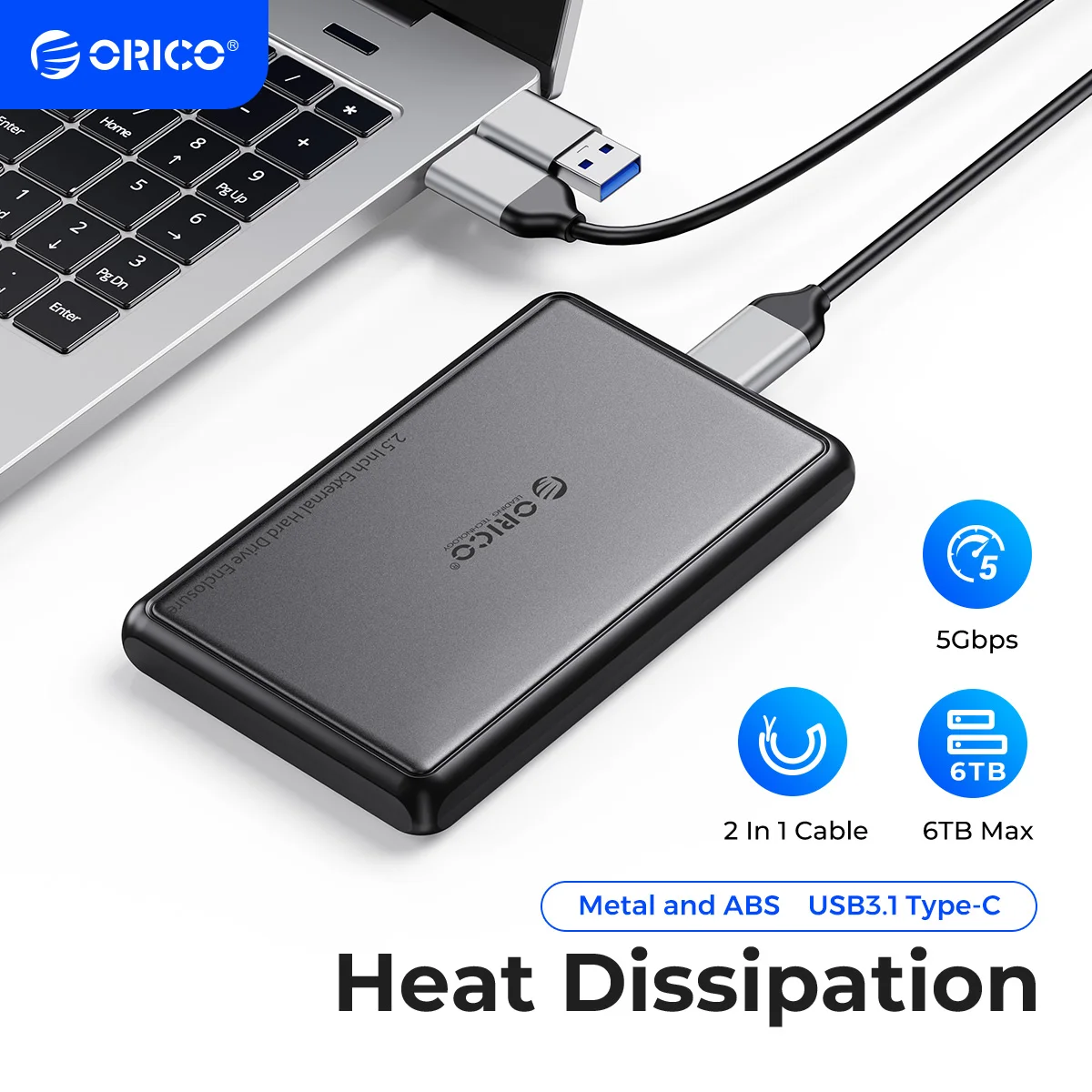 

ORICO 2.5 Inch External HDD Case 5Gbps SATA to Type-C Hard Drive Enclosure for SSD HDD PC Laptop Metal+ABS Case Heat Dissipation