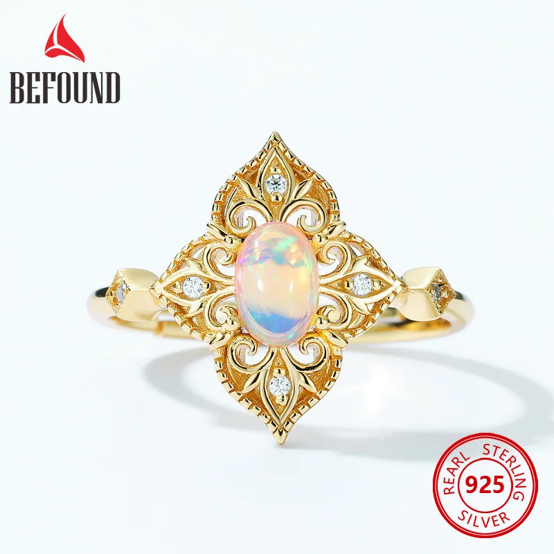 

Synthetic Opal Rings 925 Sterling Silver Women 10K Gold Plated Zircon Flower Texture Adjustable Open Woman Ring Vintage Jewelry
