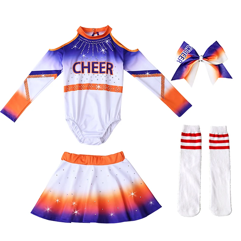 Schoolgirl Boy Cheerleading Costumes With Rhinestones Team Performances Stage Cheer Uniform Women Long Sleeves