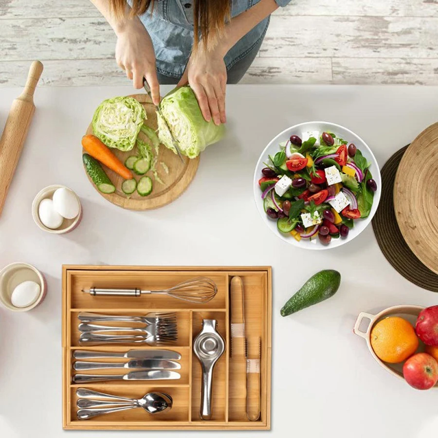 Bamboo Cutlery Rack Expandable Drawer Organizer Adjustable Cutlery Tray Wooden Cutlery Drawer Divider Organizer Kitchenware