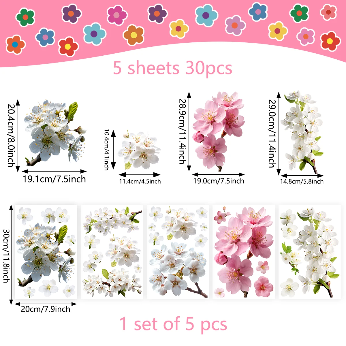 Cherry Blossoms Wall Sticker 5pcs White & Pink Double-Sided Printed Glue-Free Electrostatic Glass Film Shop Window Home Decor