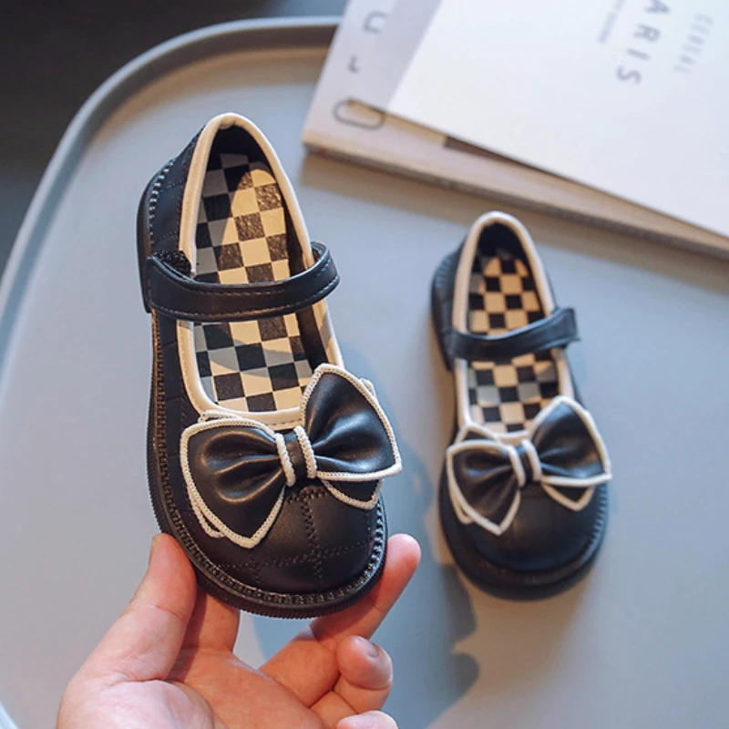 

Детские туфли из искусственной кожи на мягкой подошве, стильные универсальные туфли принцессы в Корейском стиле, с неглубоким бантом, на плоской подошве, для девочек