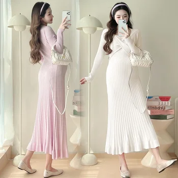 Winter Maternity Slim Dress Elegant Solid Color Long Sleeve O-neck Soft Comfortable Pregnant Woman Sweater Dress Knitted Dresses