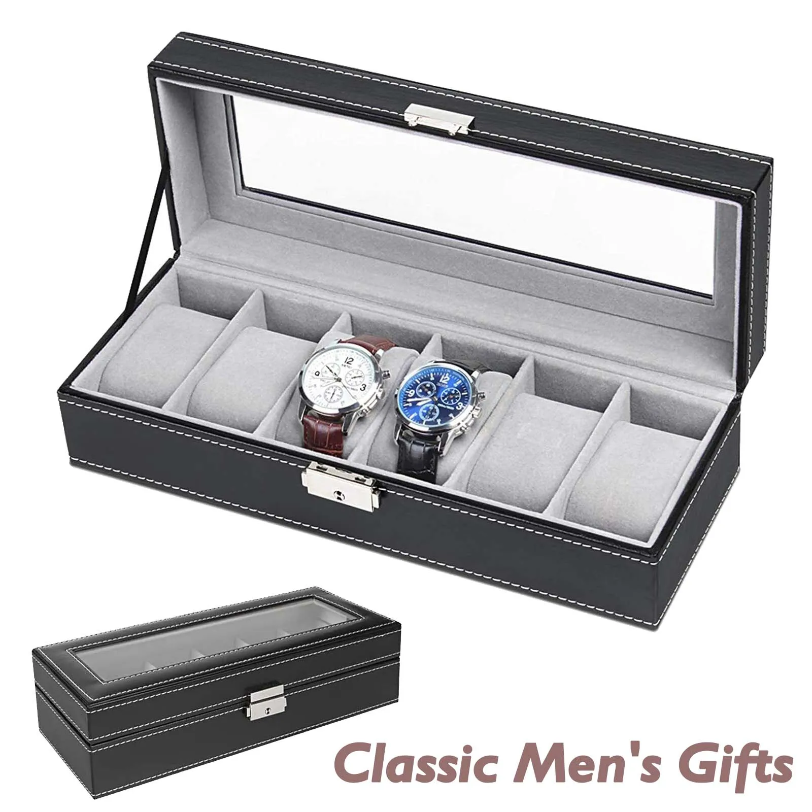 Watch Storage Box Leather Storage Box 6Slot Leather Watch Box Organizer Mens Watch Display Case Jewelry Storage Holder
