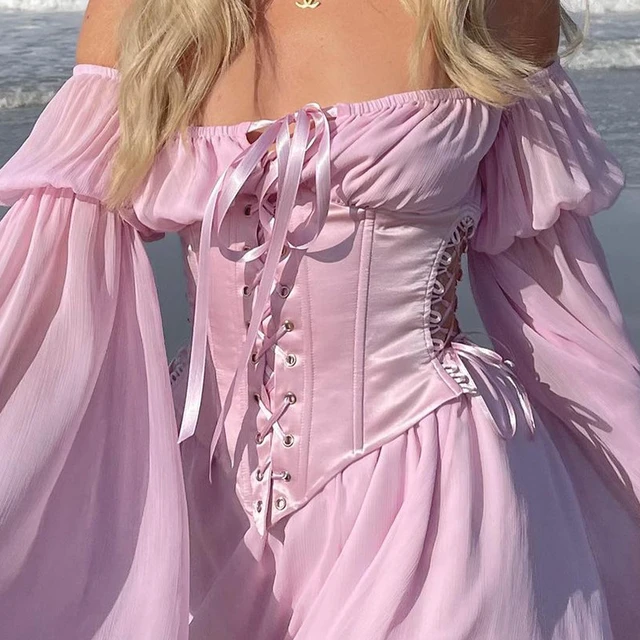 Pink Chiffon Dress Corset, Chiffon Fairycore Dresses