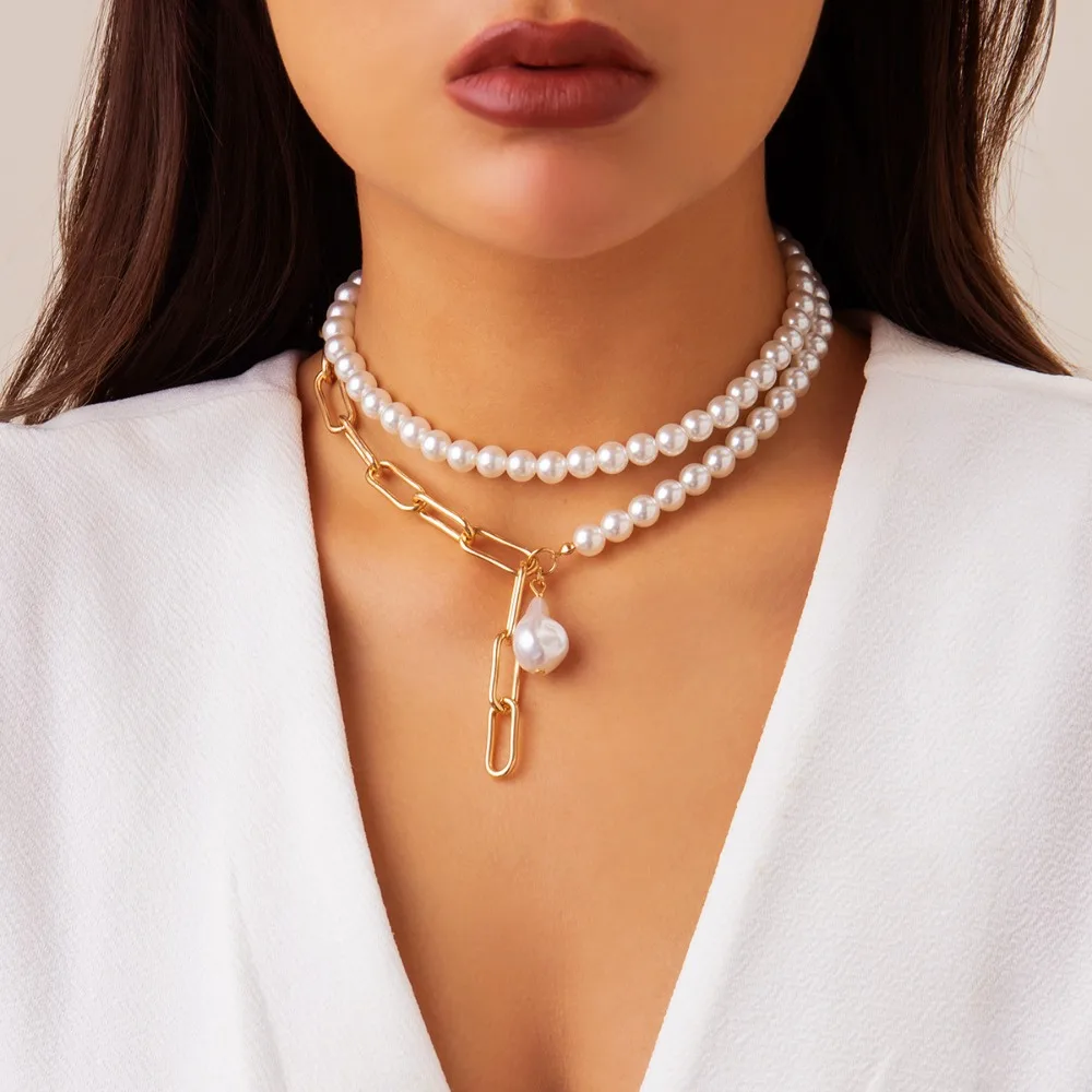 

Women Baroque Imitation Pearl Necklace Creative Irregular Chain Clavicle Necklace Female Fashion Multi Layer Chokers Pendants