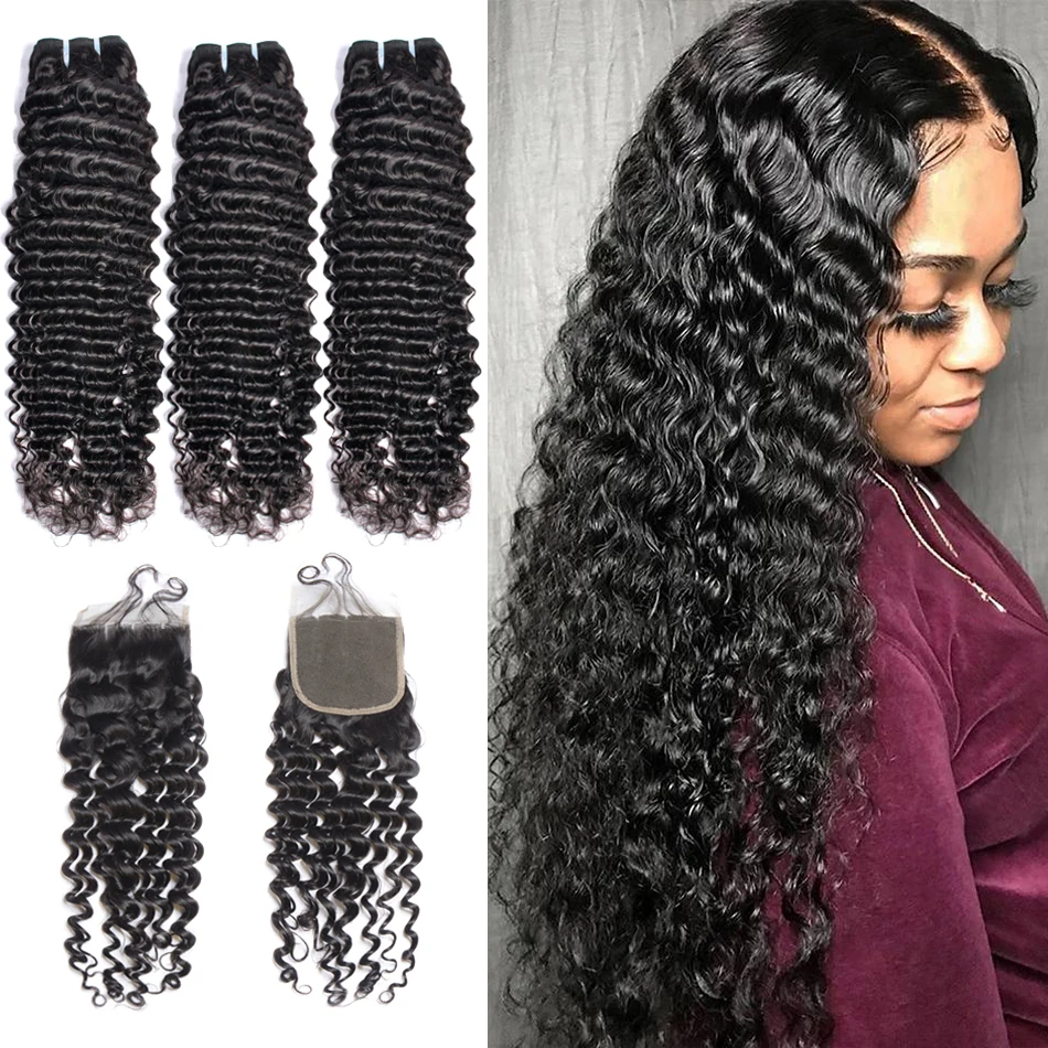 Mshere Human Hair Bundles With Closure 30 Inch Deep Wave Bundles With Closure 5x5 Transparent Lace Closure With Bundles