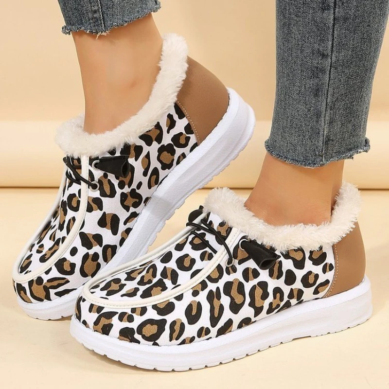 Leopard Print Cotton Shoes Women's Winter Flat Bottom Round Toe Snow Boots Lightweight Large Size Shoes Botas De Invierno Mujer