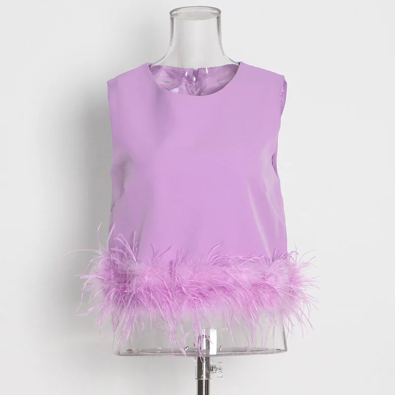 

Женская футболка с круглым вырезом, черная футболка с открытой спиной, украшенная страусиными волосами, без рукавов, с цветочной юбкой ручной работы, 2022