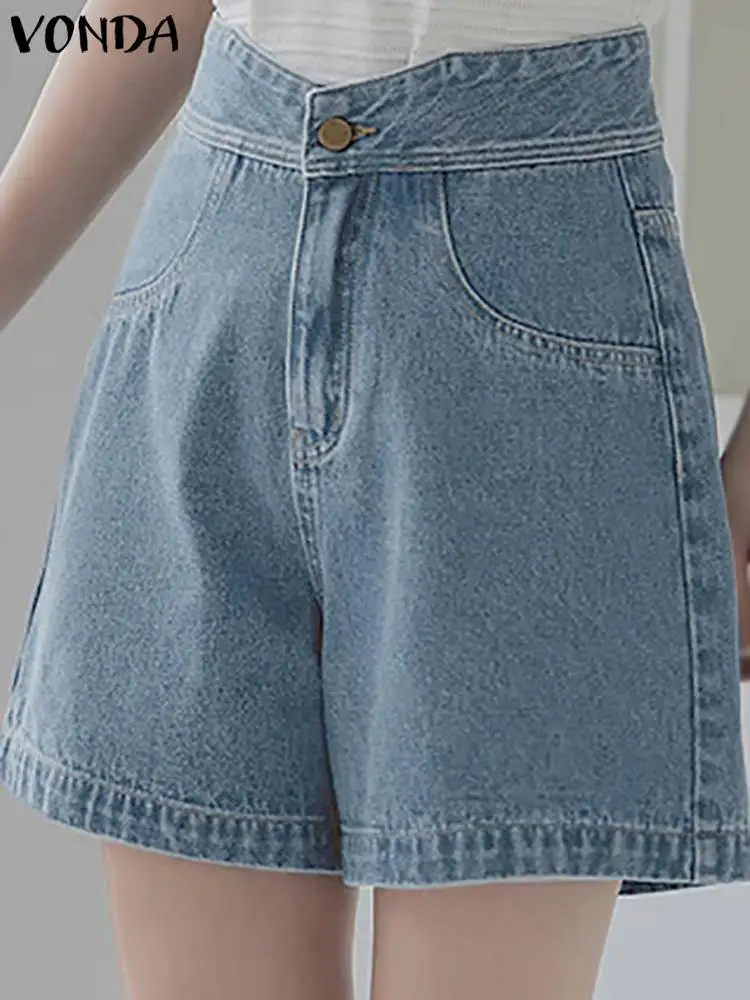 

VONDA Elegant Women Solid Color Shorts 2023 Summer High Waist Denim Pants Buttons Pockets Casual Shorts Loose Streetwear Pants
