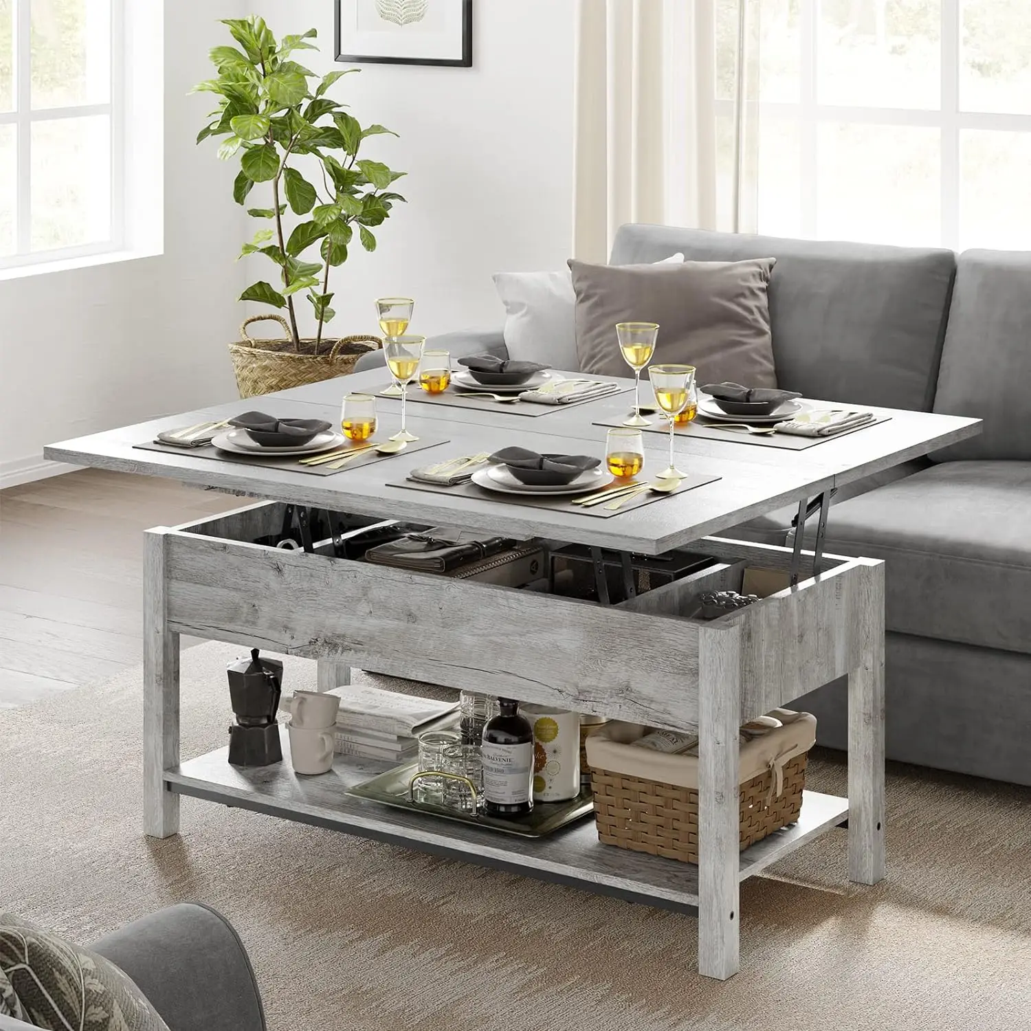 

41.7" Lift Top Coffee Table, 4 in 1 Multi-Function Table w/ Storage for Living Room, Coffee Table Converts to Dining Table, Gray