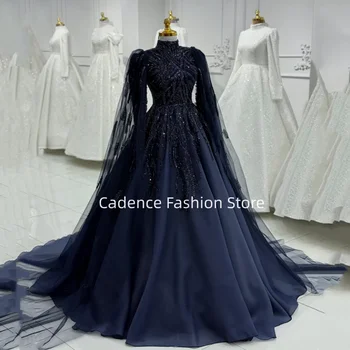 Abito da sposa musulmano blu royal con collo alto e perline, caftano di lusso, vestito femminile stile Dubai, abito da sposa a trapezio personalizzato
