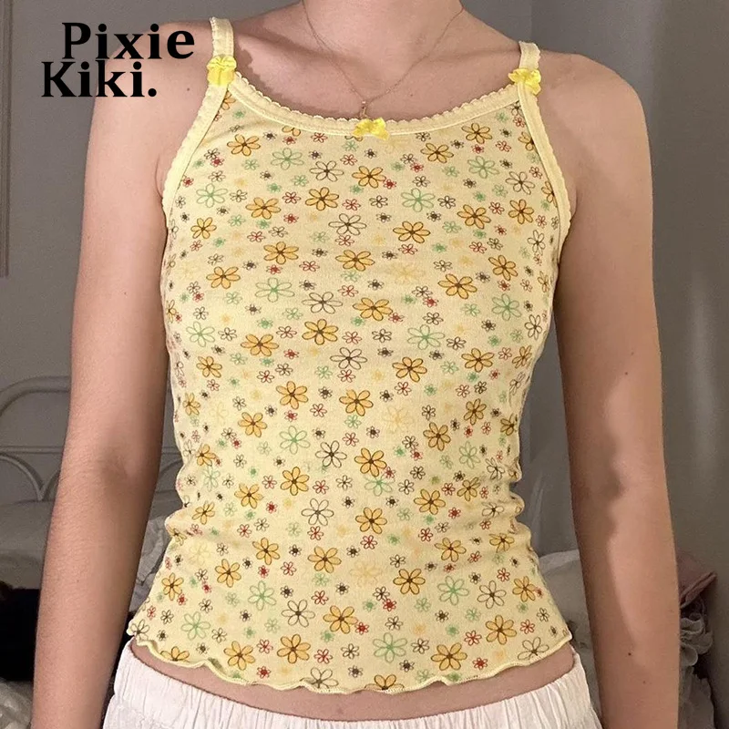 PixieKiki Cottagecore 꽃 프린트 캐미솔 Y2k 코케트 탱크 탑, 여성용 여름 옷, 2024 큐티코어 활 크롭 탑 P84-BZ10