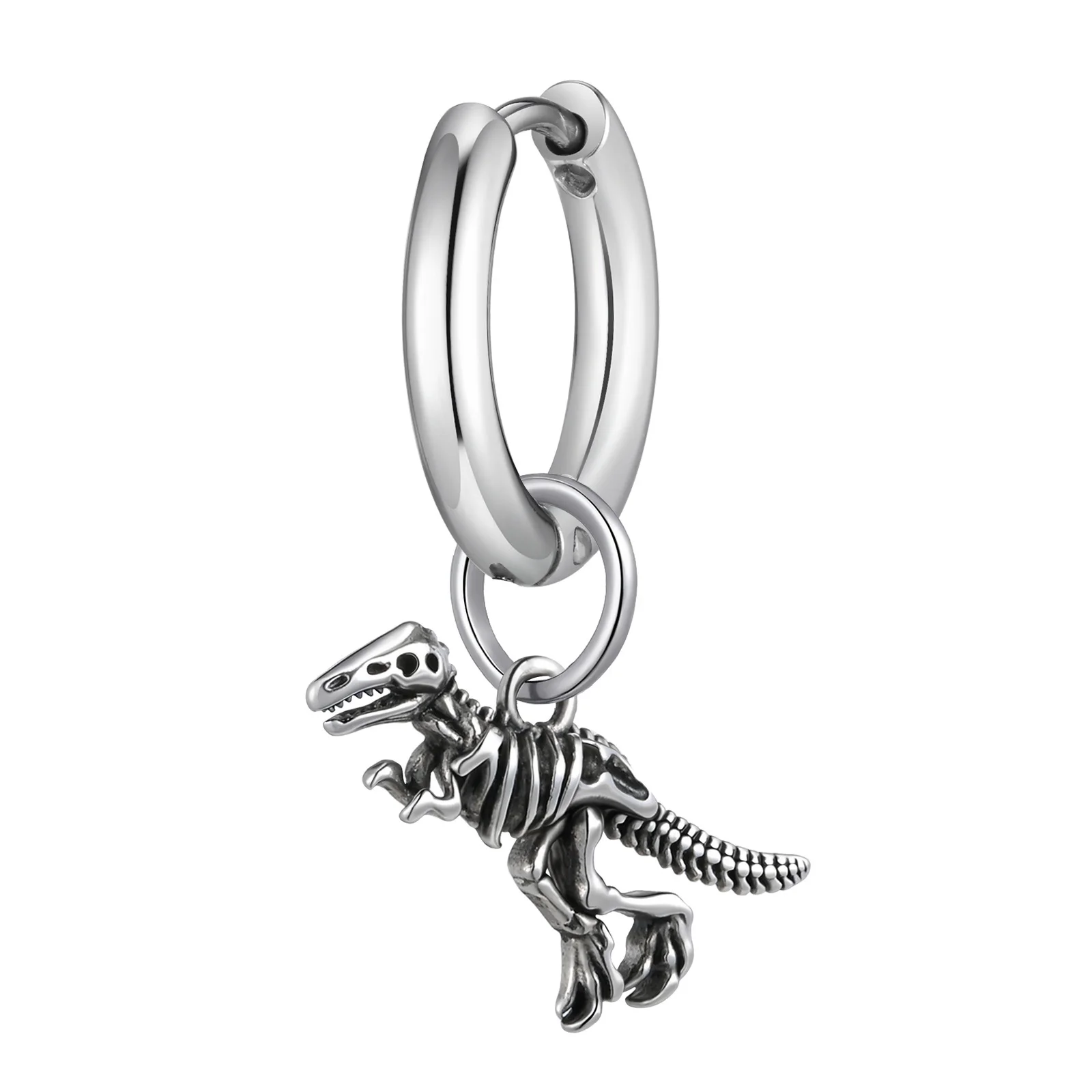 Orecchini Circolari Uomo Con T-Rex Scheletro, Acciaio Inossidabile, Stile Gotico Punk Biker, COOLSTEELANDBEYOND - 2
