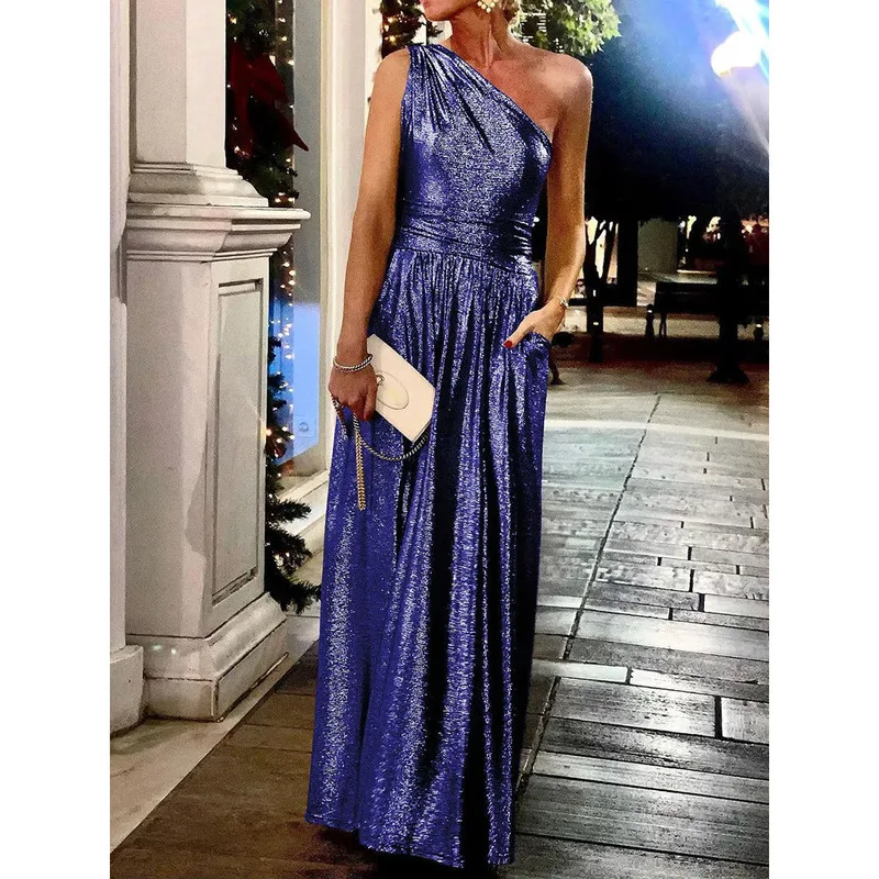 New Summer Holiday Solid Pocket Women Party Loungewear Sleeveless Skew Collar Elegant Ladies Maxi Dress Streetwear Vestido