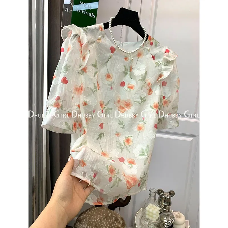 

French Puff Sleeve Printed Shirt Summer New 2023 Contrasting Flip Over Comfortable Top For Women Elegant Chic Tops
