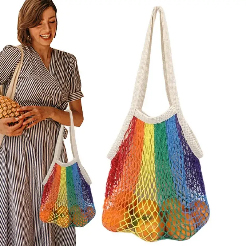 

Cotton Mesh Bag Colorful Grocery Fruit Bags Foldable Shopping Tote Mesh Reusable Short Handle Net Tote For Grocery Vegetable Toy