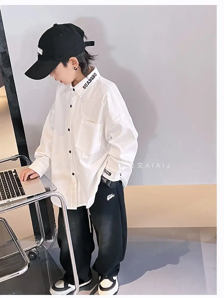 جديد 3-12 سنة ربيع الخريف الفتيان قميص بلون واحدة الصدر الوقوف طوق كم طويل قميص للأطفال الأطفال القطن قميص