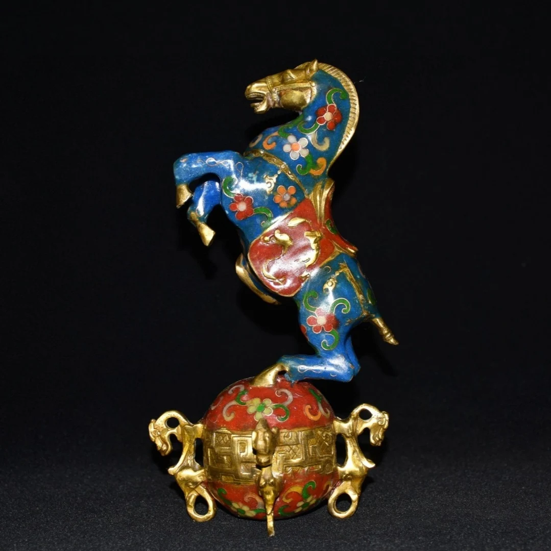 

9"Tibetan Temple Collection Bronze Cloisonne Enamel Horses Tread the universe Lucky Horse Gather fortune ornament Town House