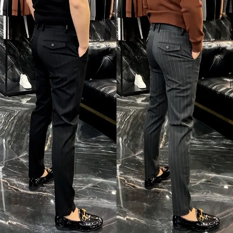 

2023 Men High Quality Business Suit Trousers Male Slim Fit Striped Suit Pants Trousers Casual Formal Mens Dress Pants A68