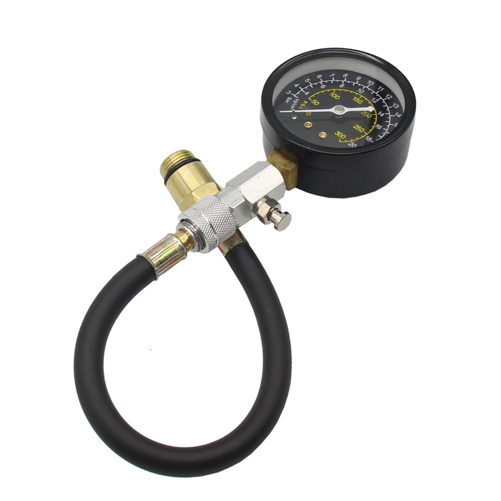 엔진 압축 테스트 키트 0300 PSI 압력 게이지(11인치 호스 및 14mm 18mm 스파크 어댑터 포함) 차량 수리용