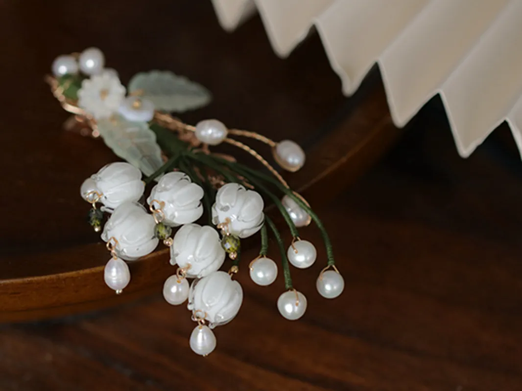 FXLRY Original Handmade Vintage Glass Lily Pearl Headdress Side Hairpin Female Accessories