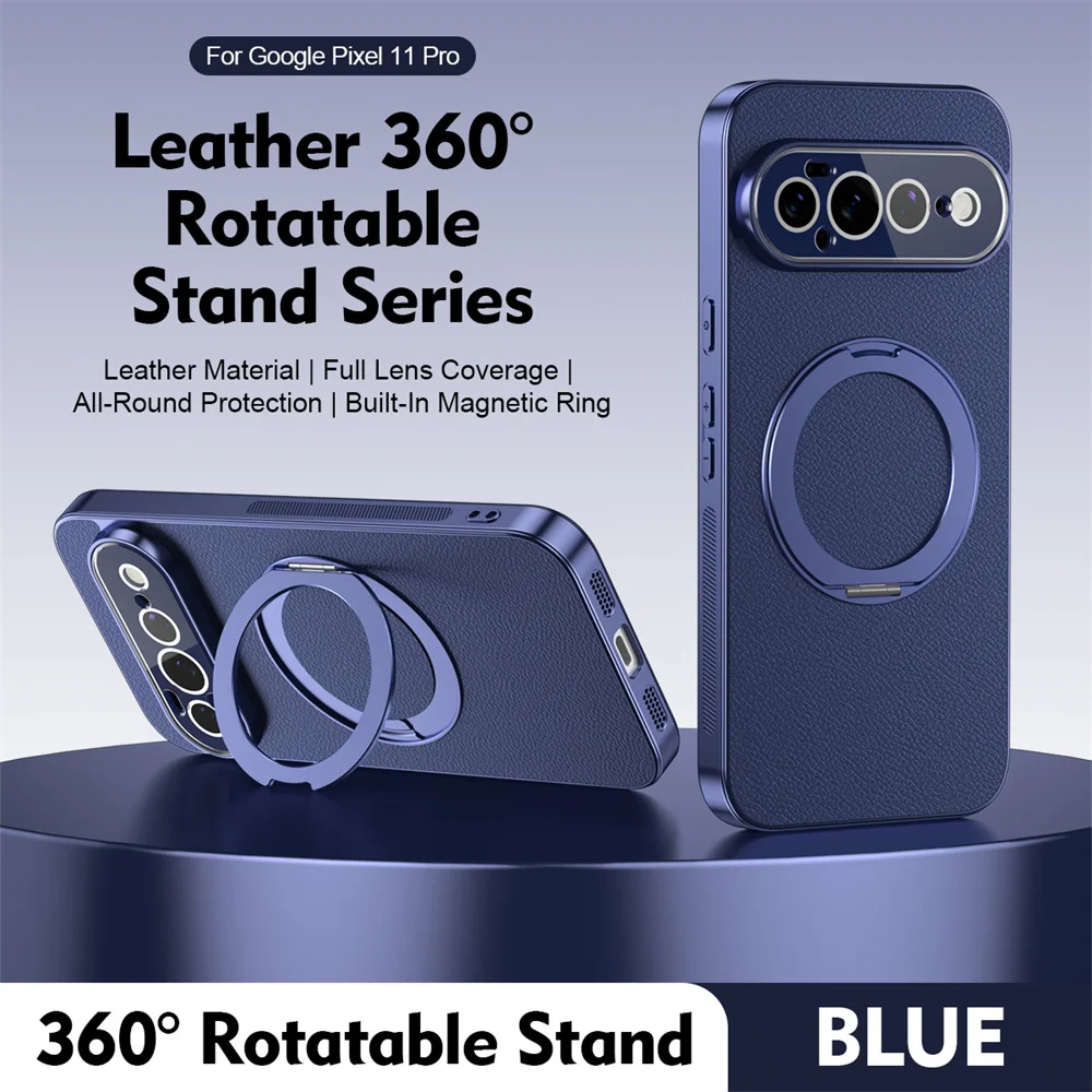 Leather Phone Case with Rotating Magnetic Stand and Lens Protection - Shockproof Cover