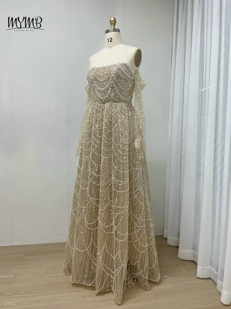 MYMB Champagner Atemberaubende Perlen A-Linie Mädchen Prinzessin Abschlussball Party Kleider Arabische trägerlose Abendkleider mit Schnürung am Rücken und Handschuhen – Detail 5