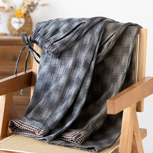 Pantalon de couchage pour hommes en gaze de coton pur 100%, pantalon de maison ample et décontracté en Jacquard rétro pour hommes, pantalon de pyjama fin d'automne pour hommes 1