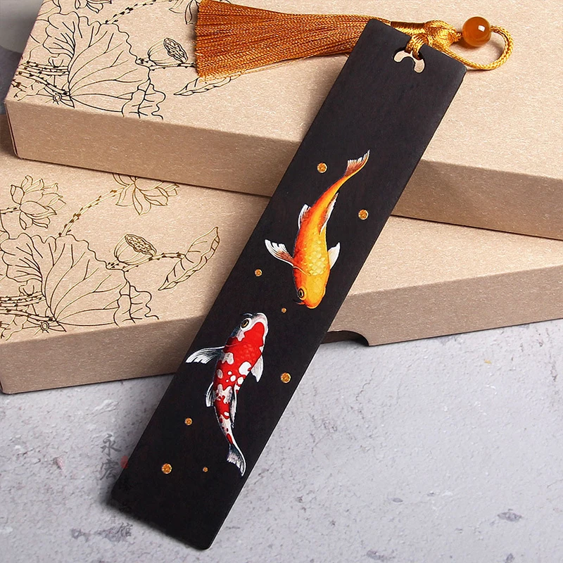 Wooden Bookmark Chinese Style Retro Painted Koi Carp Tassel Pendant Creative Book Mark Students Supplies Stationery Accessories