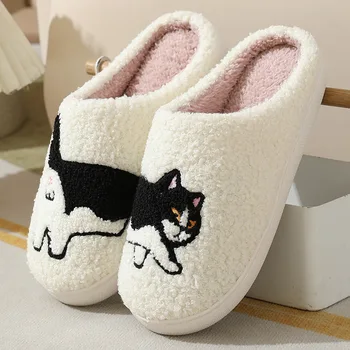Winter Plush Cute Dachshund Embroidery Home Slippers Women Indoor Mute Warm Non-slip Indoor Slippers Couple Cotton Shoes 1