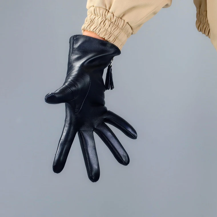TECH GLOVES Real Leather Dark Red Wrist Short 19cm Zipper Fringe Tassel Genuine Sheepskin Lambskin Women Ladies Touchscreen