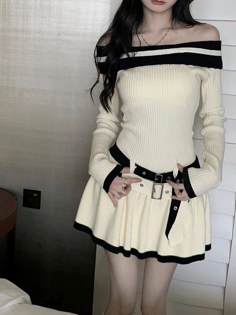 Y2K Slim Casual Knitted Mini Dresses Women Off Shoulder Elegant Korean Fashion Short Party Dress with Belt Autumn New Clothing