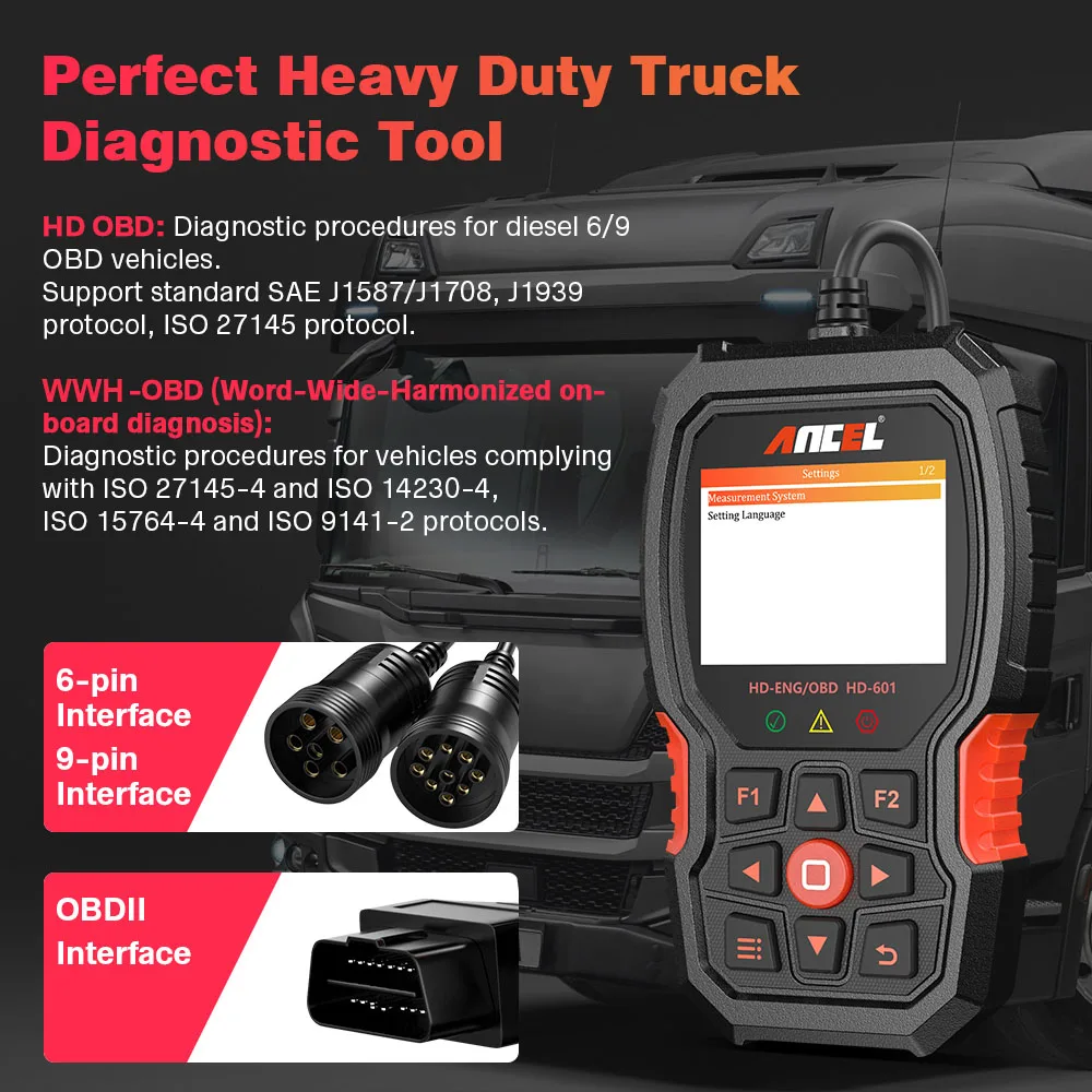 ANCEL HD601 Heavy Duty Truck Scanner Diagnostic Tool All System  OBD2 Scanner Car Check Engine Code Reader with Reset DPF ABS 4