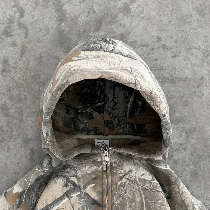 American retro do old camouflage zip up hooded jacket men and women spring and fall workwear jacket Y2K sweatshirt  streetwear 3