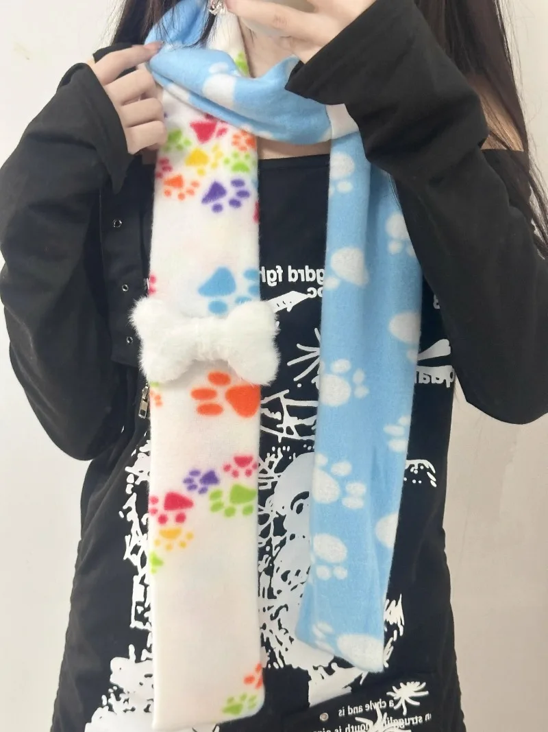 Kawaii Dog Footprints Patchwork Long Scarf for Girls with Bone Pin Fluffy Contrast Color Coral Velvet Women Scarf Japanese Style