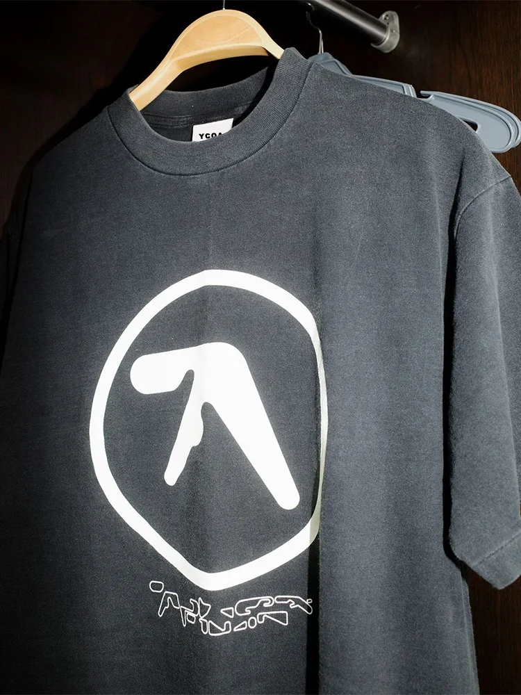 Men T-Shirt Aphex Twin Washed Black Print Cotton Graphic Oversized