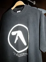 Hommes T-Shirt Aphex Twin lavé noir imprimé coton graphique surdimensionné mode coréenne à manches courtes hauts t-shirts Y2k vêtements de rue 2
