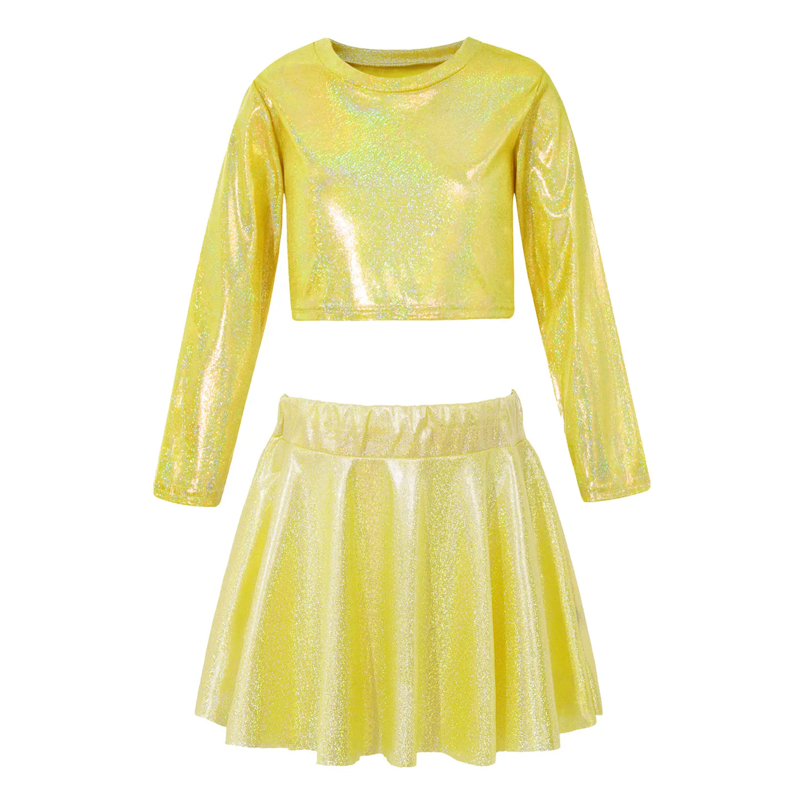 

Kids Girls Sparkling Long Sleeve Round Neck Crop Top with Pleated Skirt Dance Stage Performance Costumes for Competition Party