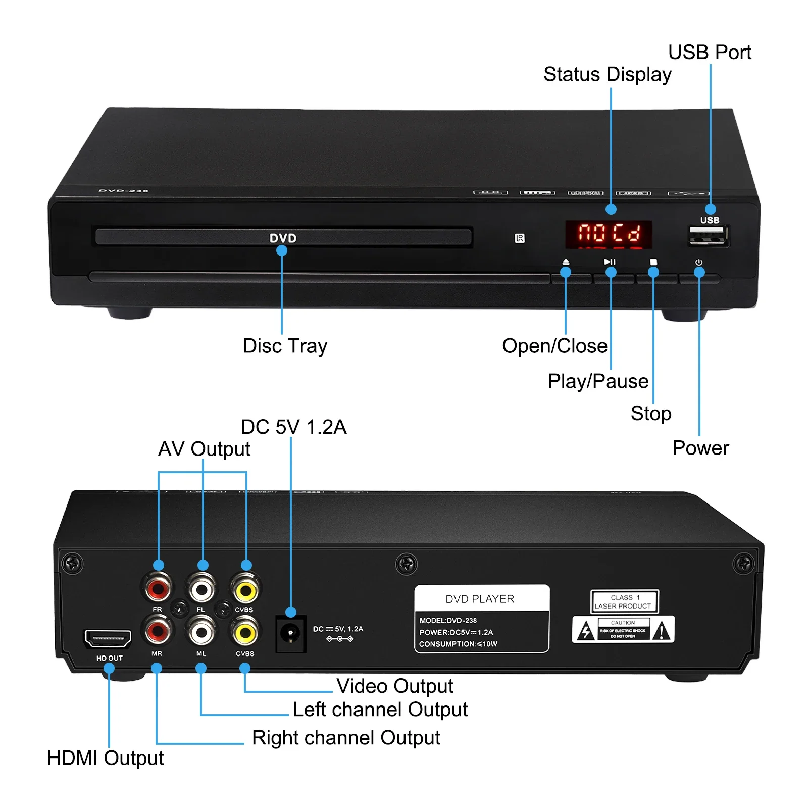 Woopker DVD Player DVD-238 HD 1080P Multimedia Digital TV Portable DVD Player Support DVD CD MP3 MP4 VCD Home Theater System KTV