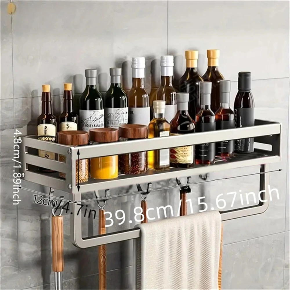 Sleek Aluminum Wall-Mounted Spice and Kitchen Storage Rack with Hooks