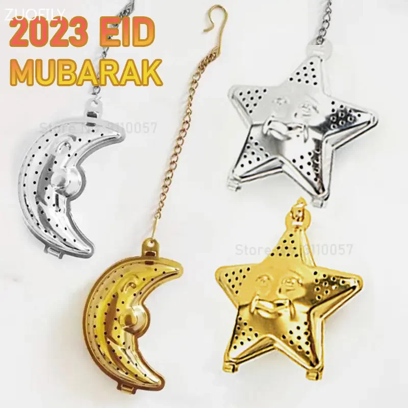 2pcs Moon Star Shaped Eid Mubarak Tea Mesh Infuser Gold Silver Staniless Steel Ramadan Tea Strainer Set Spice Filter with Chain