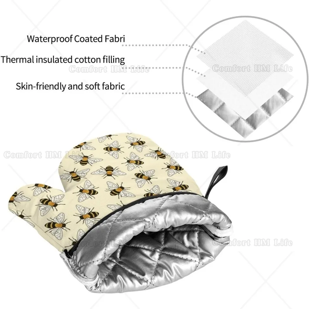 Happy Busy Bees Oven Mitts and Pot Holders Sets of 4 High Heat Resistant Non-Slip Bees Oven Gloves for Kitchen Cooking Grilling