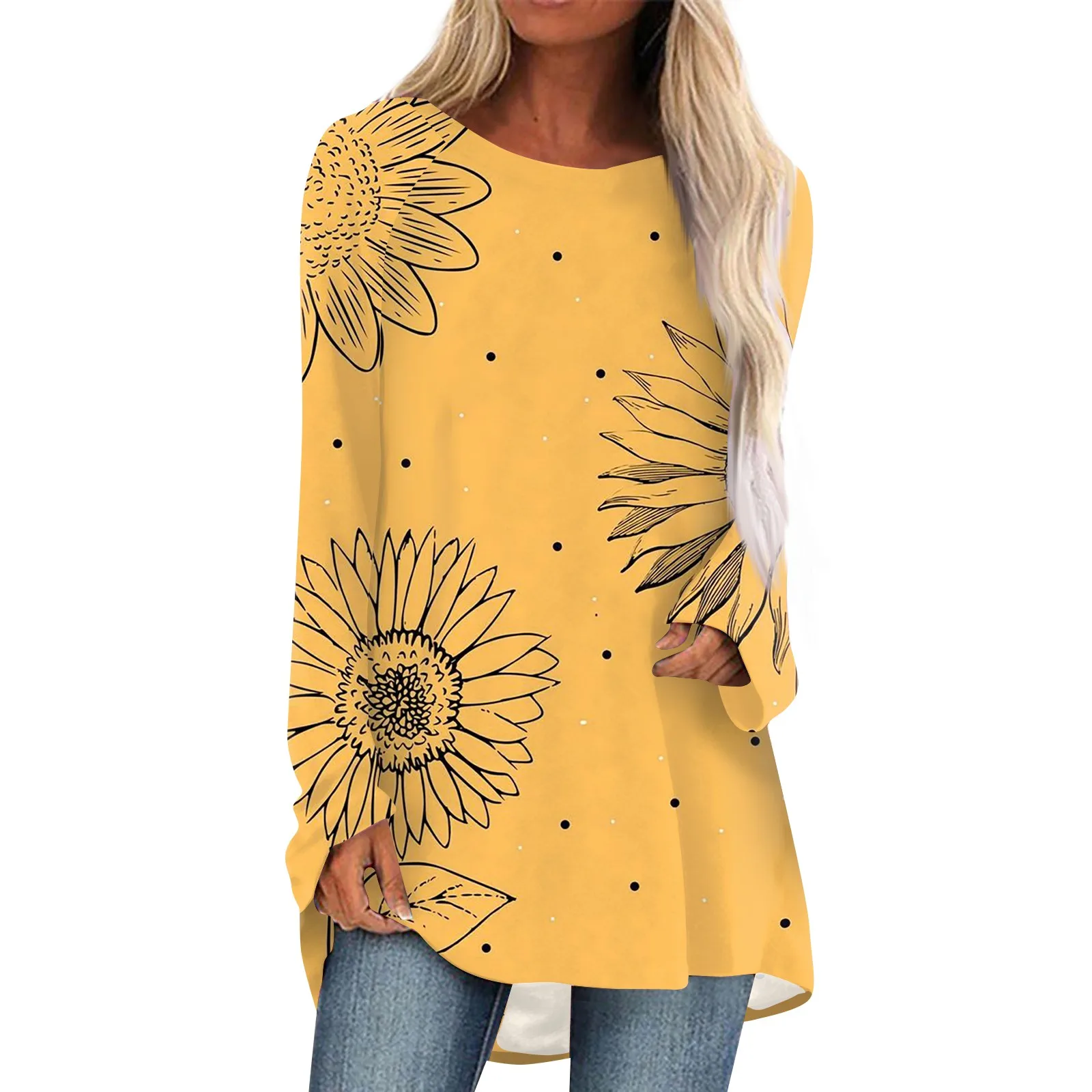 

Женская Повседневная футболка, пуловеры с длинным рукавом и круглым вырезом, топы, модные топы с цветочным принтом, Свободные Повседневные базовые Топы средней длины